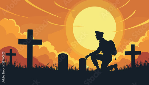 Soldier kneeling at gravestone during sunset, honoring memories