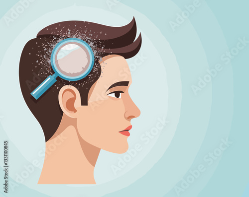 Isometric vector of man's dandruff analysis, clean medical concept