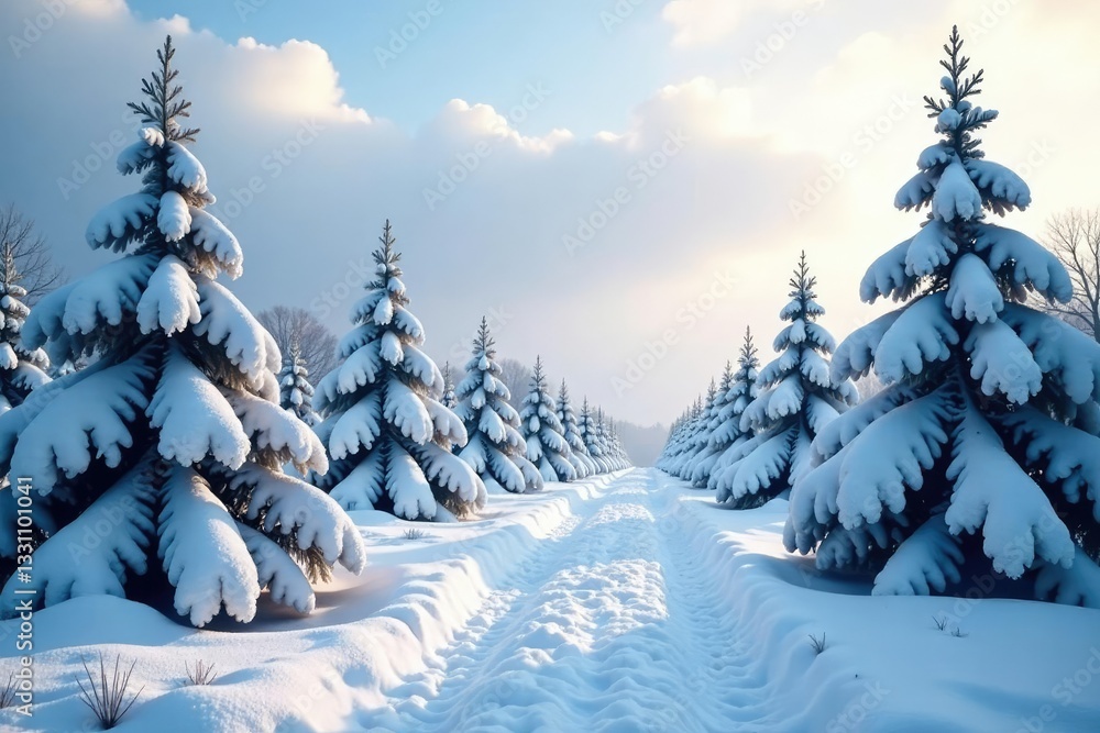 Snow-covered evergreens stretch towards the grey sky, wintry scenery, frosty mornings, snowflakes Snow-covered evergreens stretch towards the grey sky, wintry scenery, frosty mornings, snowflakes