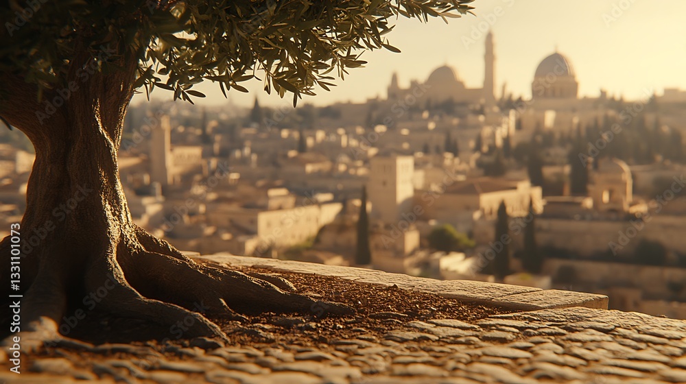 Obraz premium Ancient olive tree overlooking Jerusalem at sunset.