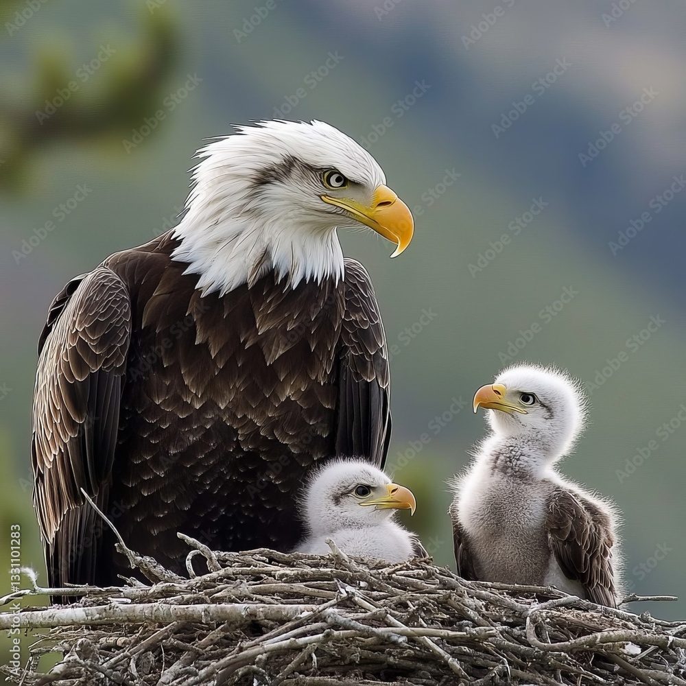 Obraz premium Bald eagle family in a nest, with two young eaglets