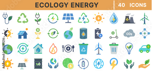 Ecology Energy Line Icons Set – Renewable Energy, Sustainable Power, Recycling, Green Technology, Solar, Wind, Electric Vehicles, and Eco-Friendly Solutions