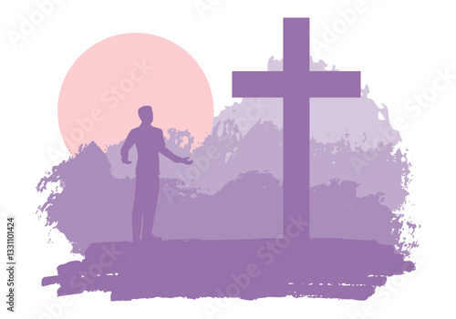 Man in prayer pose at the cross. Brush paint backdrop. Religion concept