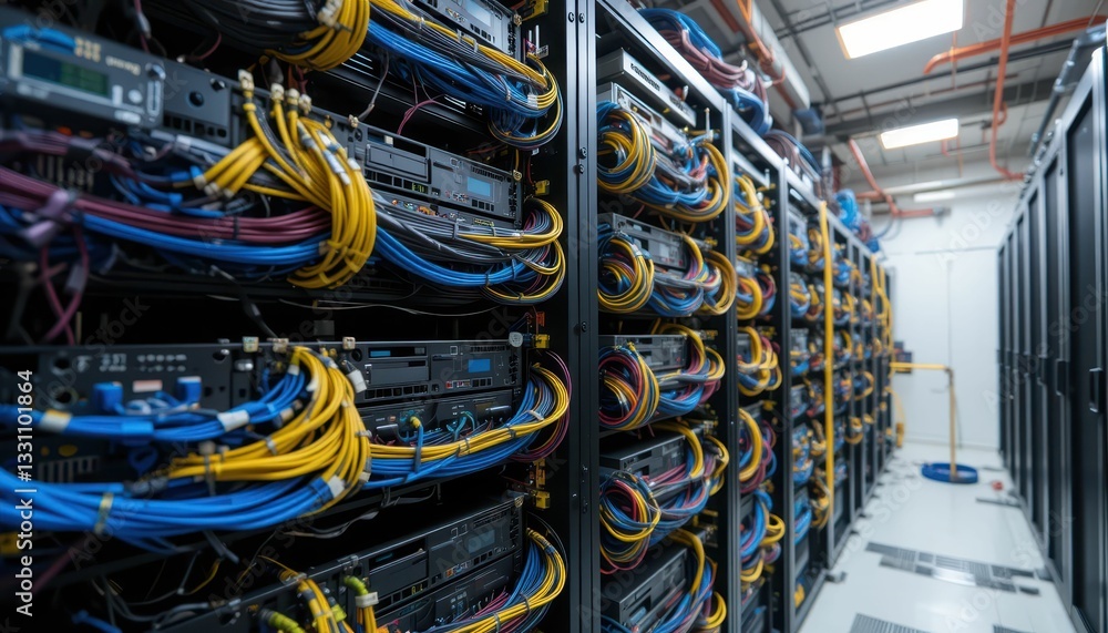 Server Room with Rack-Mounted Equipment and Colorful Cables Server Room with Rack-Mounted Equipment and Colorful Cables