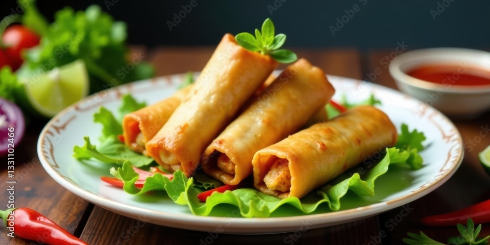 Crispy Fried Spring Rolls Served on a Plate with Fresh Herbs and Chili Peppers Crispy Fried Spring Rolls Served on a Plate with Fresh Herbs and Chili Peppers