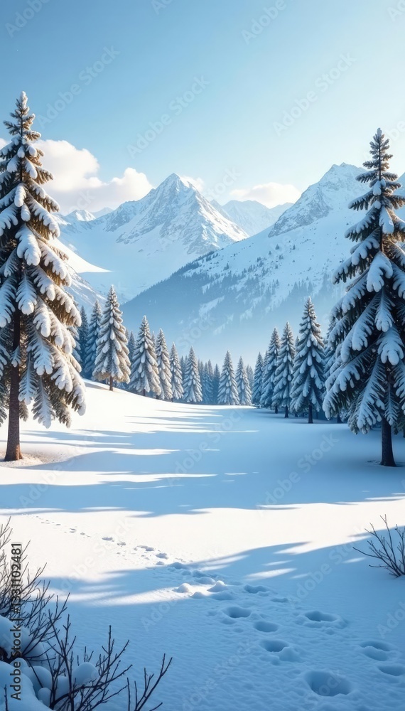 Fototapeta premium Snow-covered hills and trees on a peaceful golf course, frosty environment,