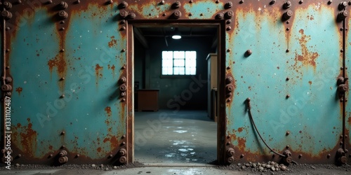 A weathered teal metal door, fastened with numerous rusted bolts, opens to reveal a dimly lit interior space with a single window, hinting at mystery and forgotten stories within.