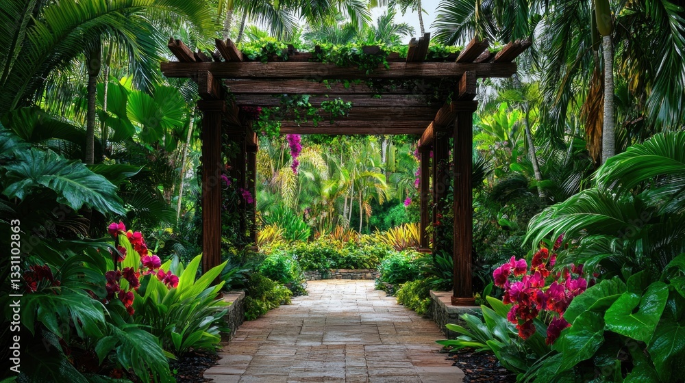 Fototapeta premium A stone pathway leads through a lush tropical garden arbor