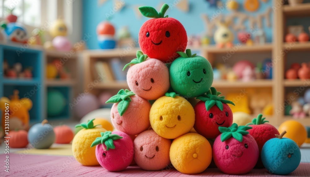 Colorful Plush Fruits with Smiling Faces in a Child's Playroom Colorful Plush Fruits with Smiling Faces in a Child's Playroom