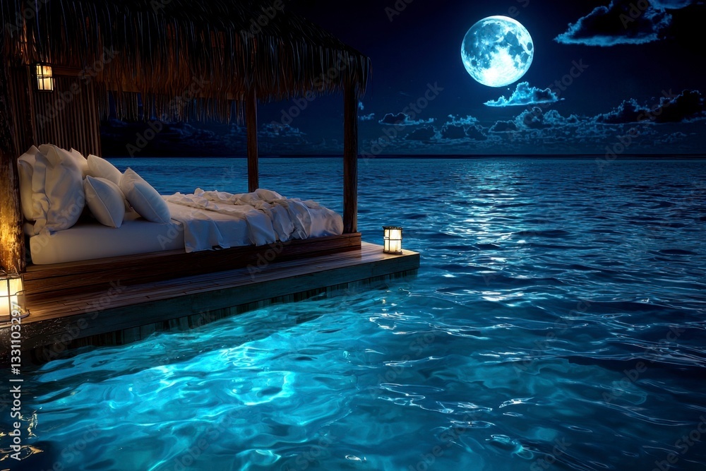 Obraz premium Underneath a silvery moon's enchanting glow, a dreamlike sanctuary unfolds, a floating bed gently swaying upon the tranquil ocean waves A romantic escape where serenity reigns supreme The gentle