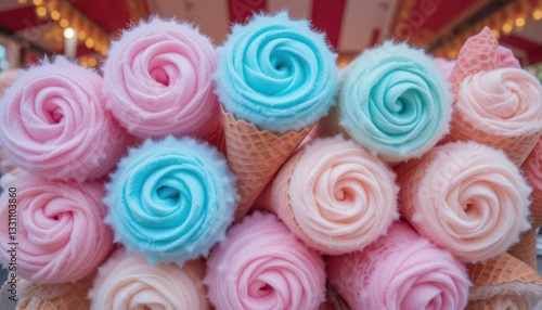 Colorful Cotton Candy Cones with Swirls of Pink and Blue