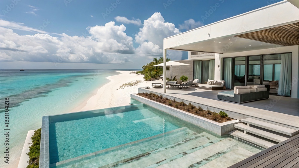 Fototapeta premium Luxury Beachfront Villa with Private Pool and Turquoise Lagoon - Tropical Island Getaway