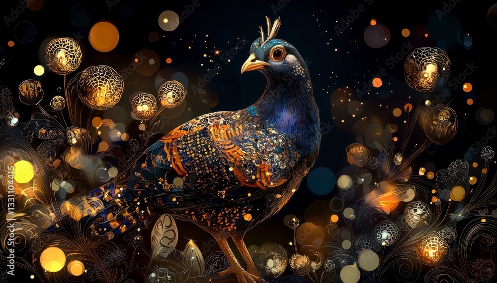 Fototapeta premium Within a realm of artistic expression, behold a quail, brought to life through a meticulous illustration, adorned with a symphony of ornamental, hand-drawn embellishments, delicately accentuated by