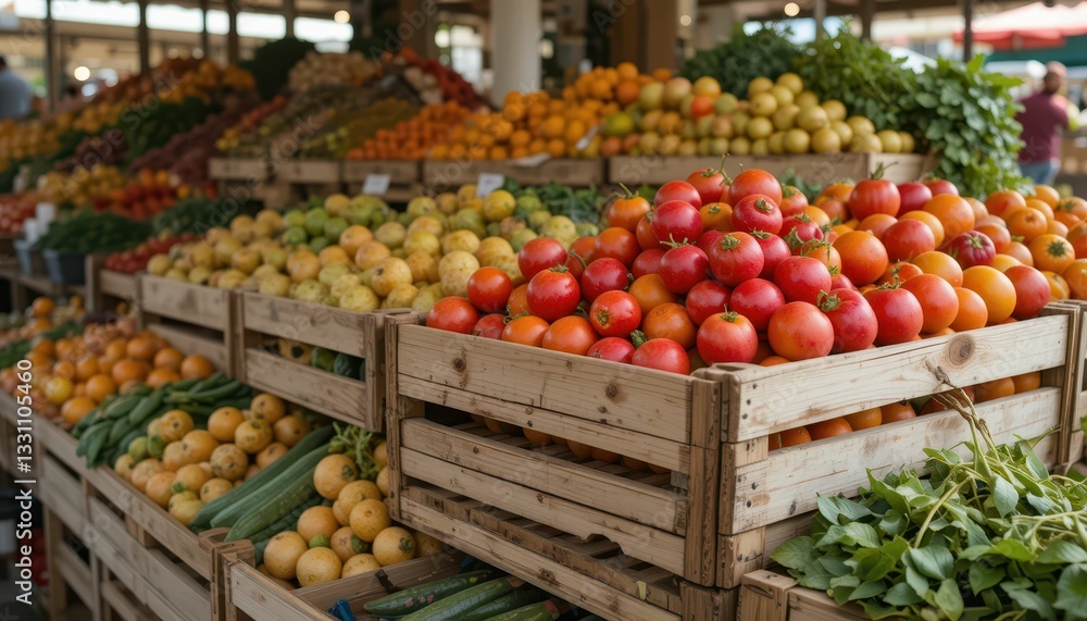 Fresh Produce Stand with Colorful Fruits and Vegetables Displayed Fresh Produce Stand with Colorful Fruits and Vegetables Displayed
