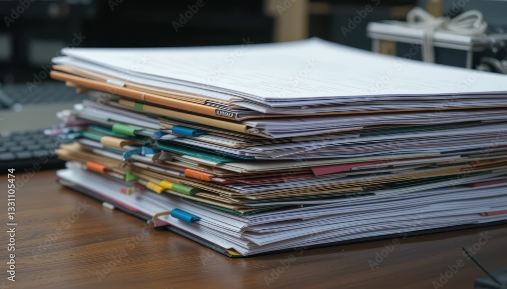Stacked Papers on a Desk with Colorful Tabs and Organizing Clips Stacked Papers on a Desk with Colorful Tabs and Organizing Clips