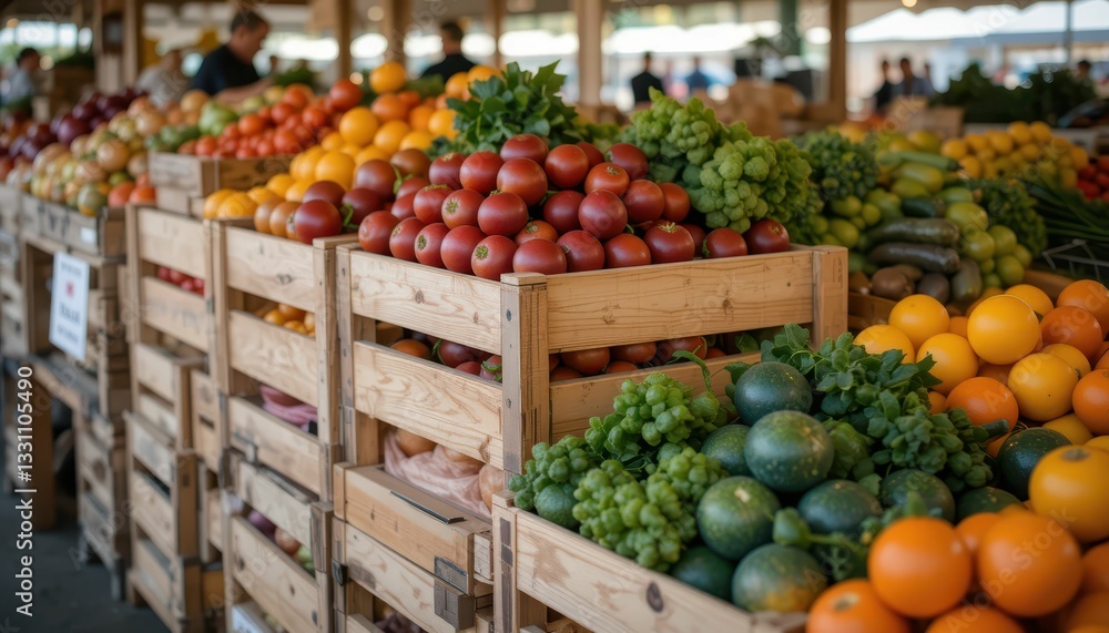 Fresh Colorful Fruits and Vegetables in Wooden Crates at Market Fresh Colorful Fruits and Vegetables in Wooden Crates at Market