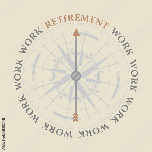The needle of compass points to the word retirement ignoring the words work. The decision an aging worker must make between staying in the workforce or entering retirement.
