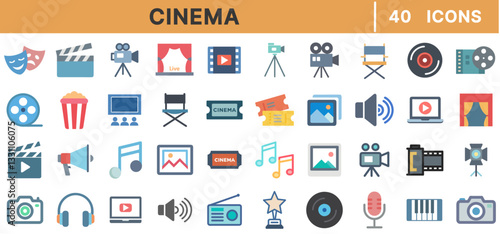 Cinema Line Icons Set – Film Production, Movie Theater, Clapperboard, Camera, Tickets, Popcorn, Sound, Director, Acting, and Entertainment