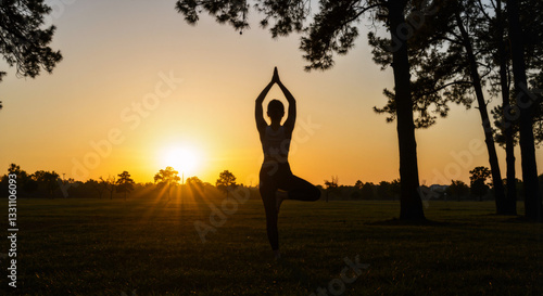 A woman practices a yoga pose in a park at sunrise creating a serene silhouette