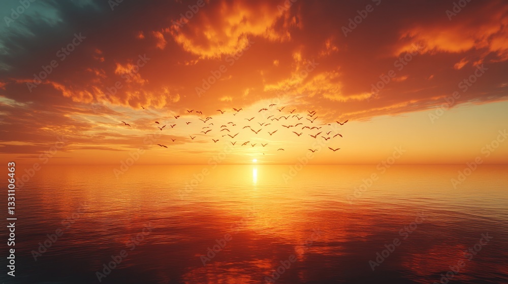 Fototapeta premium A calm bay at sunset with a flock of birds flying low, the sky ablaze in warm tones and light flickering on the surface.
