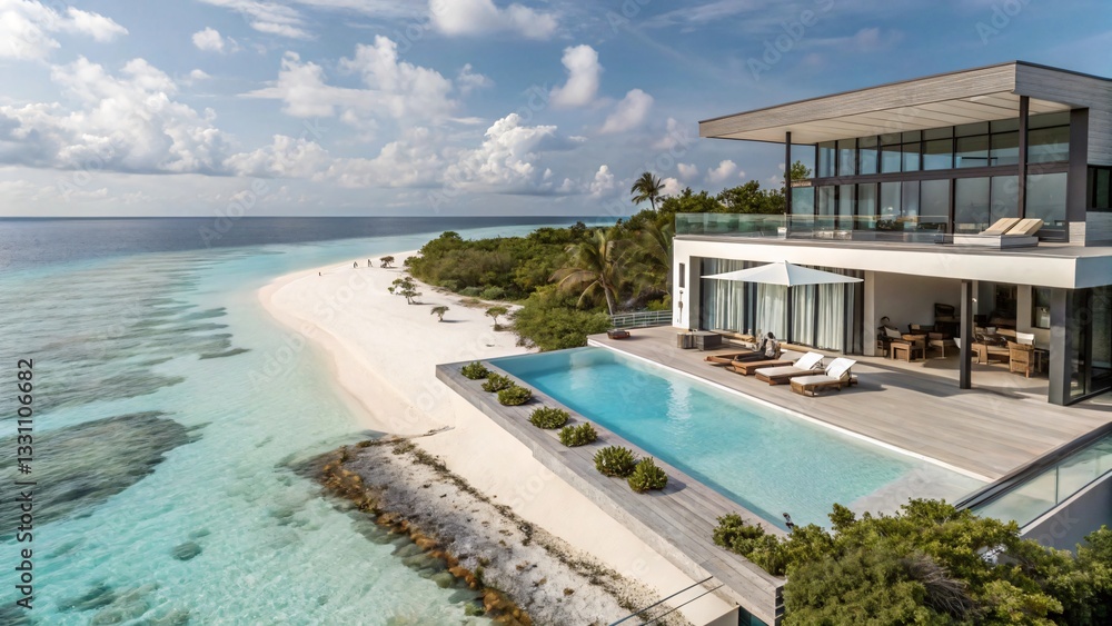 Obraz premium Luxury Beachfront Villa with Private Pool and Turquoise Lagoon - Tropical Island Getaway