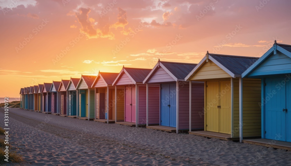 Naklejka premium Colorful Beach Huts at Sunset Along Sandy Shoreline in Tranquil Scene
