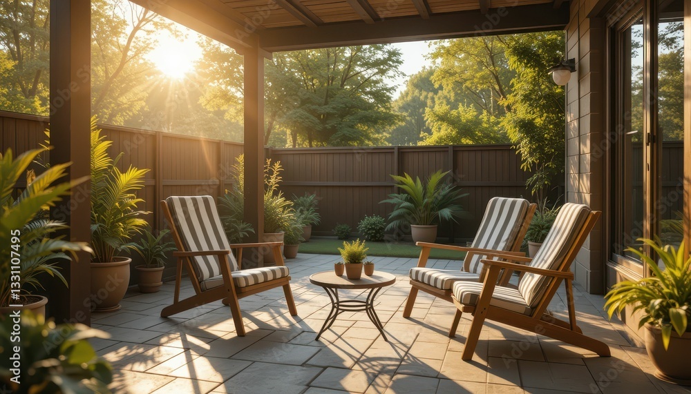 Cozy Outdoor Patio with Sunlight and Lush Greenery Surrounding Chairs Cozy Outdoor Patio with Sunlight and Lush Greenery Surrounding Chairs