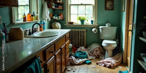 A messy bathroom with towels scattered on the floor, toiletries on the counter, and a toilet in the corner.