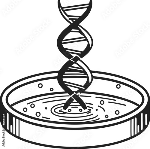 dna helix emerging from petri dish genetic research, biotechnology experiment illustration