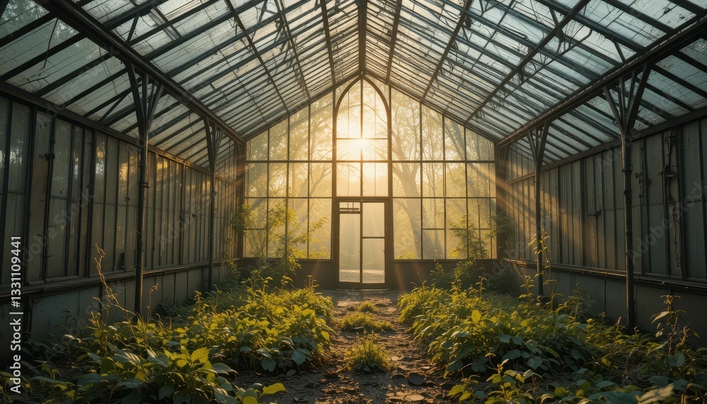 Abandoned Greenhouse Surrounded by Nature with Sunlight Streaming In Abandoned Greenhouse Surrounded by Nature with Sunlight Streaming In