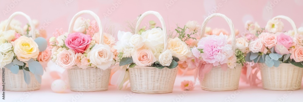 Colorful baskets filled with flowers arranged neatly on a festive table for Easter celebration. Colorful baskets filled with flowers arranged neatly on a festive table for Easter celebration.