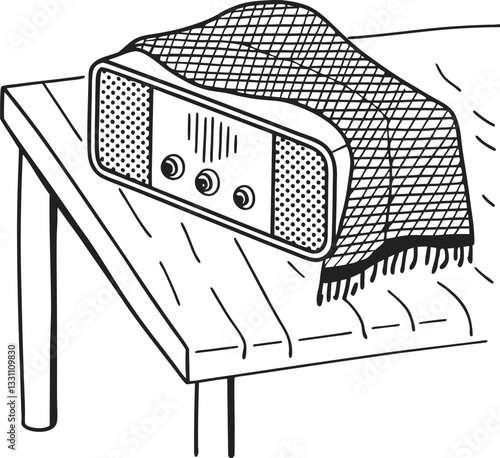 Vintage radio on wooden table with patterned cloth cover retro technology nostalgia