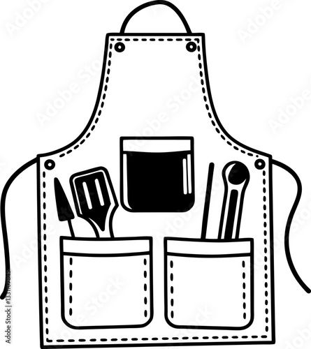 Kitchen apron with cooking utensils black and white illustration, culinary tools, spatula, spoon, jar, chef's cooking gear