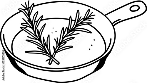 Cast iron skillet with herb garnish, minimalist black and white illustration