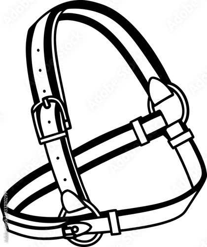 illustration of a horse halter equestrian equipment, leather straps, buckles, line art drawing