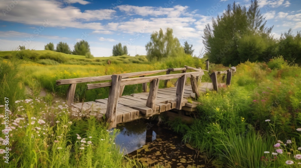 Rustic Wooden Footbridge Across a Serene Meadow Stream Rustic Wooden Footbridge Across a Serene Meadow Stream