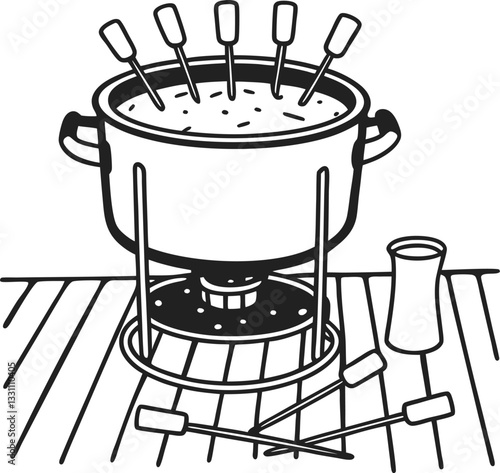 fondue pot with skewers on stand cheese dip, culinary tradition, dining experience, swiss cuisine delight