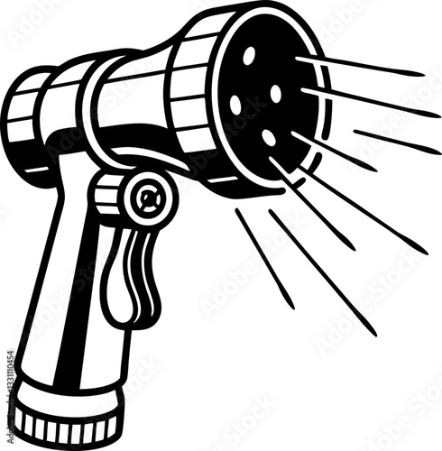 Black and white garden hose nozzle illustration, water spray, irrigation equipment design