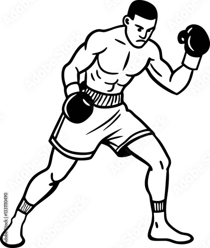 boxer, athlete in fighting stance black and white illustration of male boxing, sports competition, fitness