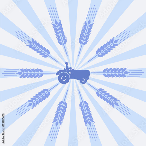 Harvesting machine working in the field. Tractor agricultural machine in the circle of ripe wheat radial rays. Agricultural emblem