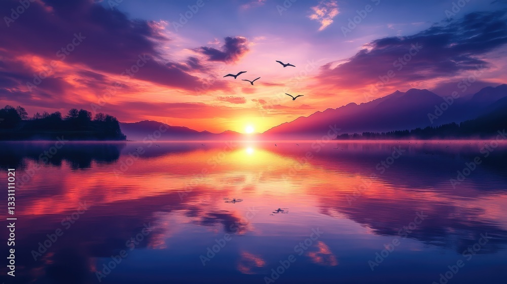 At twilight, a mirrored lake reflects the deep orange and purple hues of the sky, with birds soaring high above. At twilight, a mirrored lake reflects the deep orange and purple hues of the sky, with birds soaring high above.