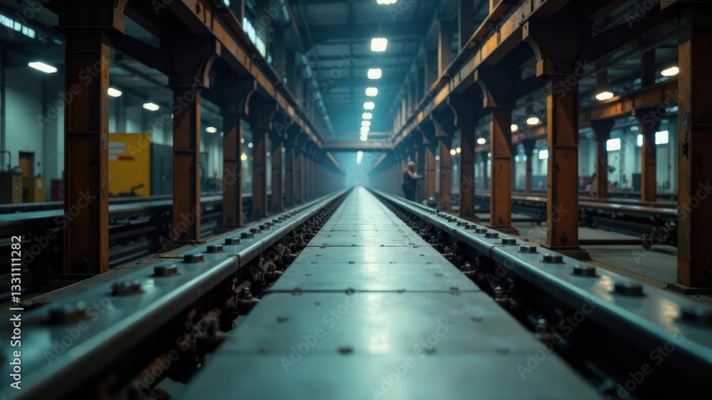 A long perspective view of an industrial railway track inside a large metal structure, dimly lit with a person in the background. A long perspective view of an industrial railway track inside a large metal structure, dimly lit with a person in the background.
