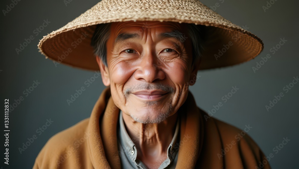 A wise elderly Asian man wearing a traditional straw hat and a rustic brown poncho, smiling gently, soft lighting, cultural heritage aesthetic, neutral background, high-resolution portrait, ultra-deta A wise elderly Asian man wearing a traditional straw hat and a rustic brown poncho, smiling gently, soft lighting, cultural heritage aesthetic, neutral background, high-resolution portrait, ultra-deta