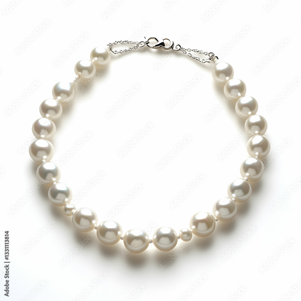 A single strand pearl necklace, elegantly displayed on a white background