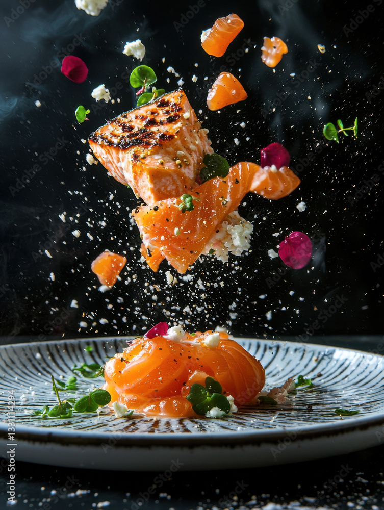 Salmon Dish with Feta and Herbs in Mid-Air Salmon Dish with Feta and Herbs in Mid-Air