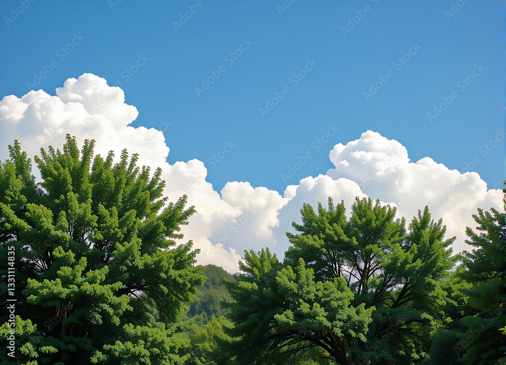 Obraz premium Lush Green Trees Against a Vivid Blue Sky with Fluffy White Cumulus Clouds Summer Nature Scene