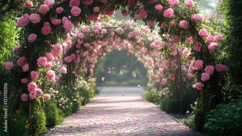 Fototapeta Naklejka Na Ścianę i Meble -  Beautiful pink rose archway over a brick paved garden pathway