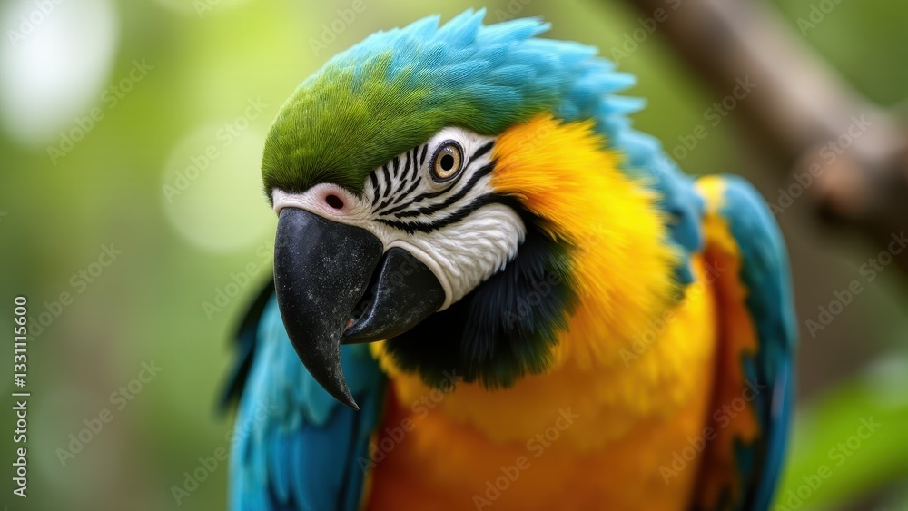 A vibrant mini macaw with blue, green, and yellow feathers is perched on a branch. A vibrant mini macaw with blue, green, and yellow feathers is perched on a branch.