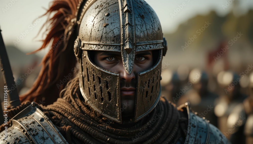 Brave Knight in Shining Armor Stands Before a Battle Field of Warriors Brave Knight in Shining Armor Stands Before a Battle Field of Warriors