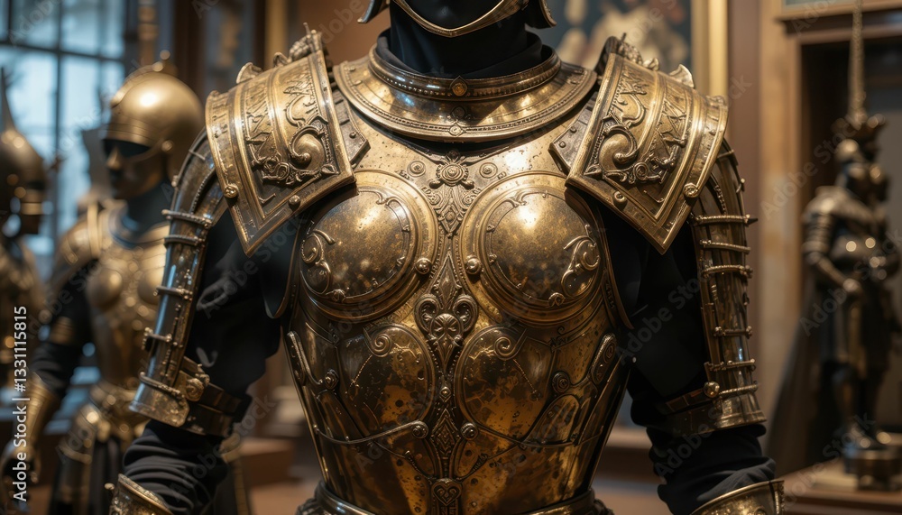 Intricate Detail of Ornate Golden Knight Armor Displayed in Museum Intricate Detail of Ornate Golden Knight Armor Displayed in Museum